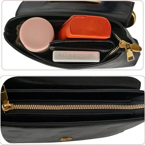 Women's Small Black Soft Pin Shaped Vegan Leather Crossbody Purse Bag with Gold - Picture 4 of 7